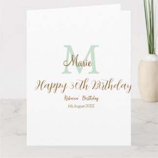 Tarjeta Feliz cumpleaños 30 dorado verde monograma pastel 