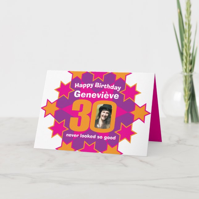 Tarjeta Feliz cumpleaños 30 estrellas rosa foto de nombre  (Anverso)