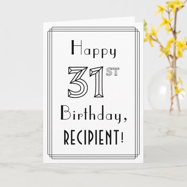 Tarjeta Feliz cumpleaños 31, estilo Art Deco con nombre pe (flor amarilla)