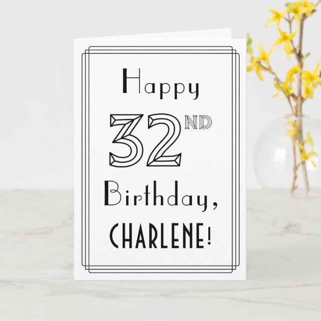 Tarjeta Feliz cumpleaños 32, estilo Art Deco con nombre pe (flor amarilla)