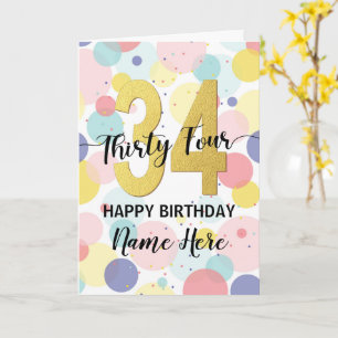 Tarjeta Feliz cumpleaños 34 Pastel Chica arcoiris y oro