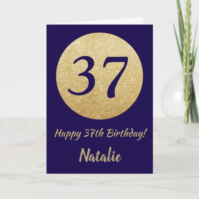 Tarjeta Feliz cumpleaños 37 Navy Blue y dorado brillo (Anverso)
