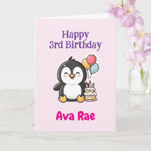 Tarjeta Feliz cumpleaños 3, Pingüino Lindo, Personalizado 
