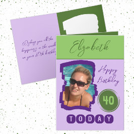 Tarjeta Feliz cumpleaños 40 hoy agrega foto morado verde