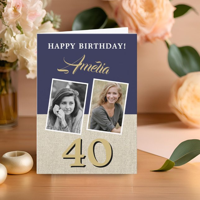 Tarjeta Feliz Cumpleaños 40 Rustico Azul Marino 2 Fotos (Subido por el creador)