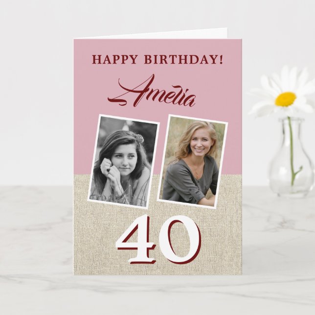 Tarjeta Feliz Cumpleaños 40 Rustico Rosa 2 Fotos (Planta pequeña)