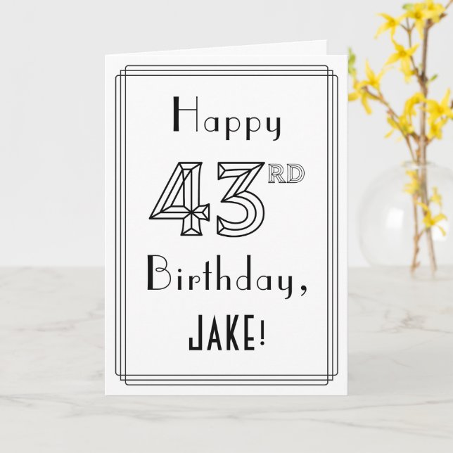 Tarjeta Feliz cumpleaños 43, estilo Art Deco con nombre pe (flor amarilla)