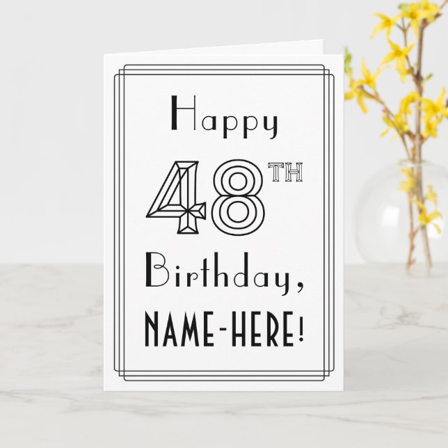 Tarjeta Feliz cumpleaños 48, estilo Art Deco con nombre pe (flor amarilla)