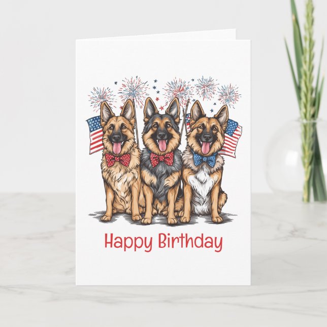 Tarjeta Feliz Cumpleaños 4 De Julio Pastores Alemanes (Anverso)