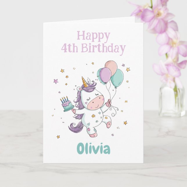 Tarjeta Feliz cumpleaños 4, Unicornio, Personalizado (Orquídea)
