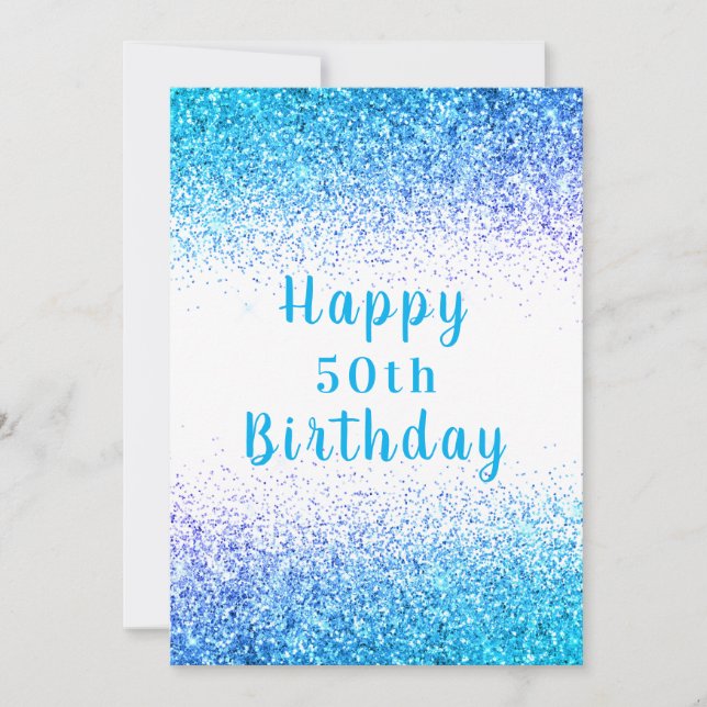 Tarjeta Feliz cumpleaños 50.ª tipografía Purpurina azul (Anverso)