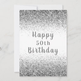 Tarjeta Feliz cumpleaños 50.ª tipografía Purpurina platead