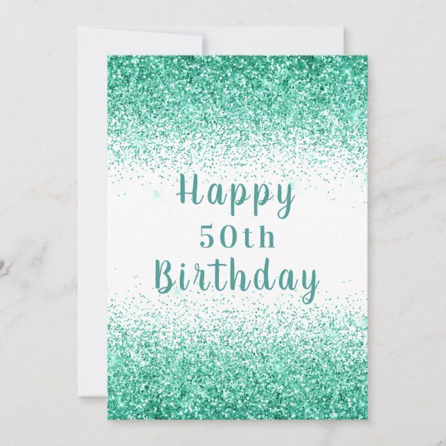 Tarjeta Feliz cumpleaños 50.ª tipografía verde Purpurina (Anverso)