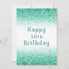 Tarjeta Feliz cumpleaños 50.ª tipografía verde Purpurina