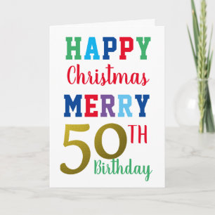 Tarjeta Feliz cumpleaños 50 a Navidades coloridos