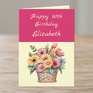 Tarjeta Feliz cumpleaños 50 add nombre flores Cerise