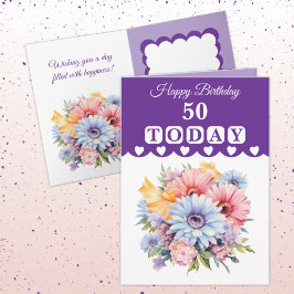 Tarjeta Feliz cumpleaños 50 hoy flores moradas