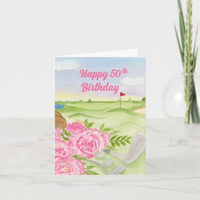 Tarjeta Feliz cumpleaños 50 Peonías en campo de golf (Anverso)