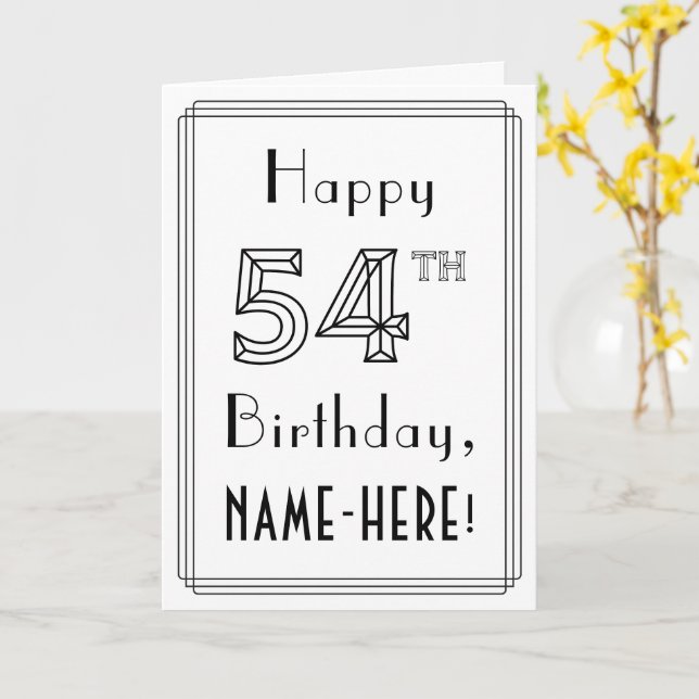 Tarjeta Feliz cumpleaños 54, estilo Art Deco con nombre pe (flor amarilla)