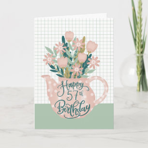 Tarjeta Feliz cumpleaños 57 con tetera de flores de lunare