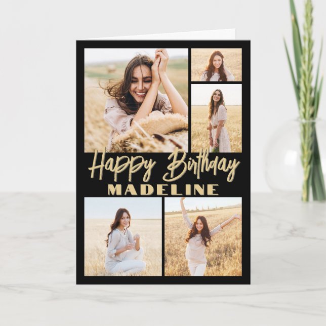 Tarjeta Feliz cumpleaños 5 Collages de fotos Negro y Oro m (Anverso)