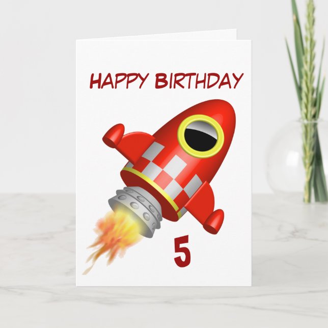 Tarjeta Feliz cumpleaños 5, pequeño tema del cohete (Anverso)