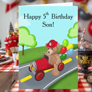 Tarjeta Feliz Cumpleaños 5 Teddy Bear Camión de Bomberos