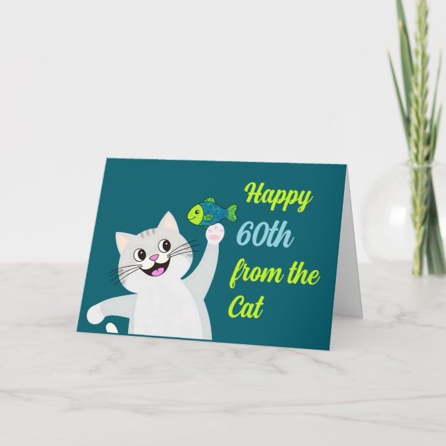 Tarjeta Feliz cumpleaños 60 del gato divertido y extravaga (Anverso)
