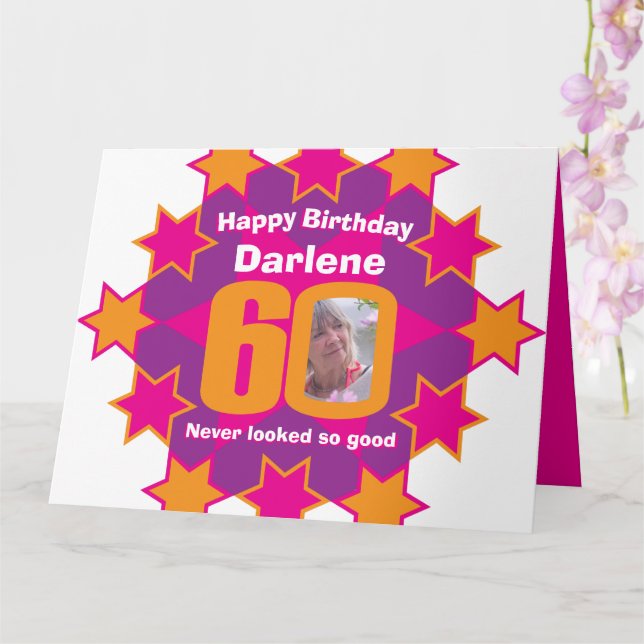 Tarjeta Feliz cumpleaños 60 estrellas rosa foto de nombre  (Orquídea)