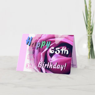Tarjeta FELIZ CUMPLEAÑOS 65 con rosa rosada y flores azule