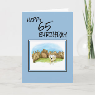 Tarjeta Feliz cumpleaños 65 con un perro de dibujos animad