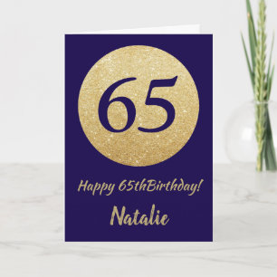 Tarjeta Feliz cumpleaños 65 Navy Azul y Dorado Brillante