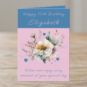Tarjeta Feliz cumpleaños 70 añejar nombre floral azul