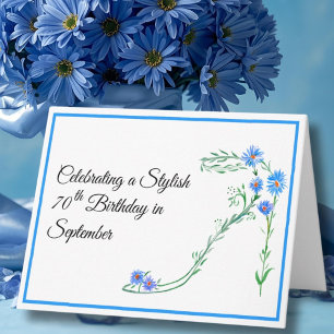 Tarjeta Feliz cumpleaños 70 de septiembre flores aster azu