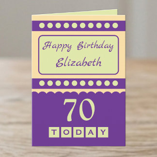 Tarjeta Feliz cumpleaños 70 hoy nombre púrpura