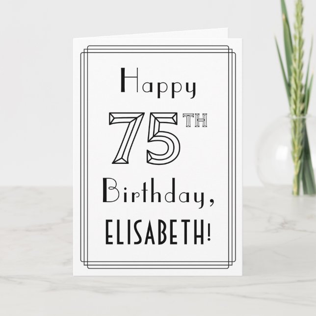 Tarjeta Feliz cumpleaños 75, estilo Art Deco con nombre pe (Anverso)