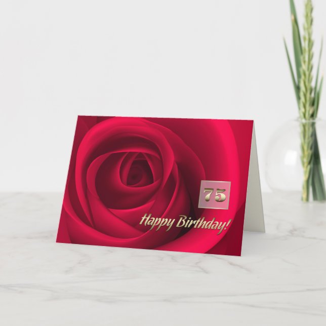 Tarjeta Feliz cumpleaños 75. Rosa Rojo Elegante (Anverso)