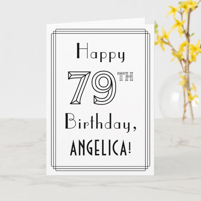 Tarjeta Feliz cumpleaños 79, estilo Art Deco con nombre pe (flor amarilla)