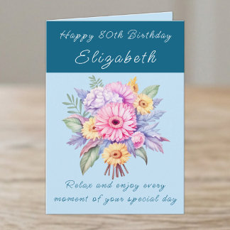 Tarjeta Feliz cumpleaños 80 add nombre floral azul