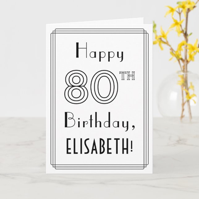 Tarjeta Feliz cumpleaños 80, estilo Art Deco con nombre pe (flor amarilla)
