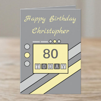 Tarjeta Feliz cumpleaños 80 hoy agregar nombre gris amaril