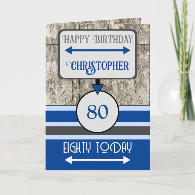 Tarjeta Feliz cumpleaños 80 hoy nombre gris azul (Anverso)