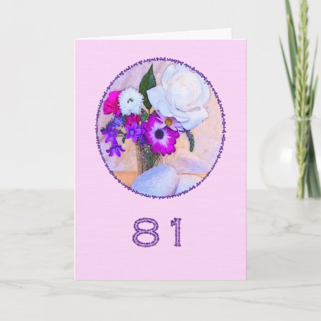 Tarjeta Feliz cumpleaños 81 con un cuadro de flores (Anverso)