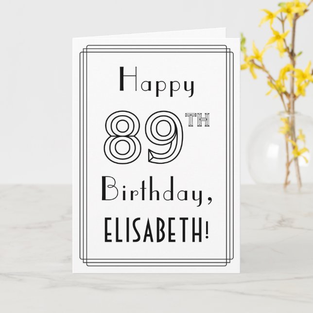 Tarjeta Feliz cumpleaños 89, estilo Art Deco con nombre pe (flor amarilla)
