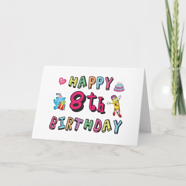 Tarjeta Feliz cumpleaños 8. 8 años cumpleaños. (Anverso)