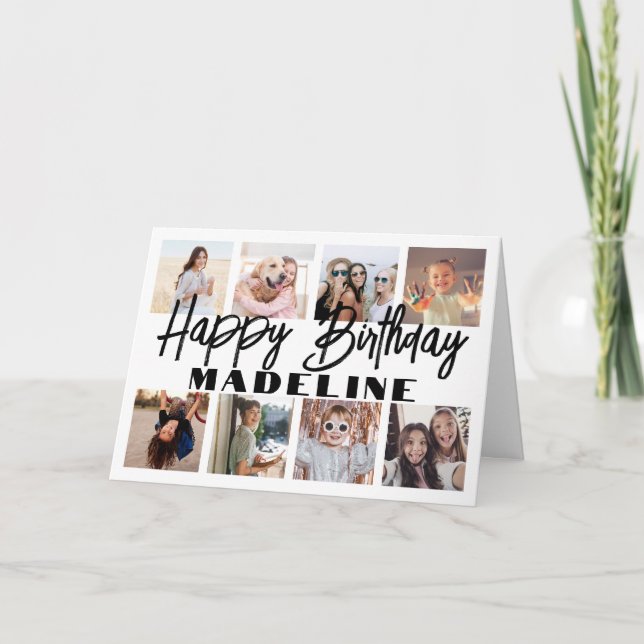 Tarjeta Feliz cumpleaños 8 Collage de fotos elegante Minim (Anverso)