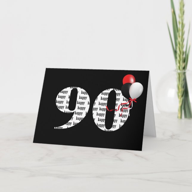 Tarjeta Feliz cumpleaños 90 en negro con globos (Anverso)