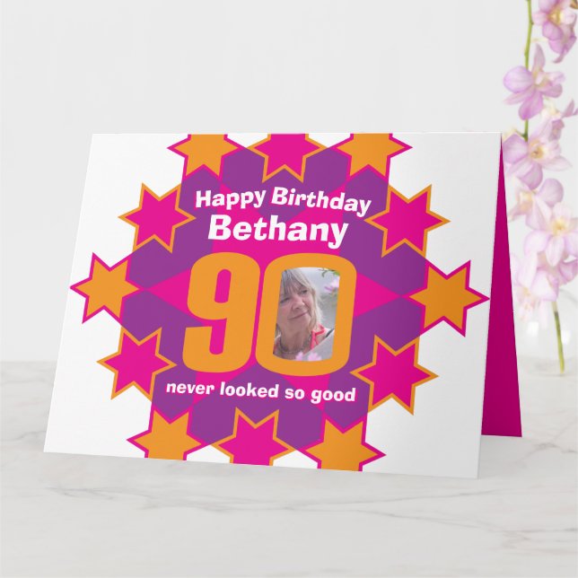 Tarjeta Feliz cumpleaños 90 estrellas rosa nombre personal (Orquídea)