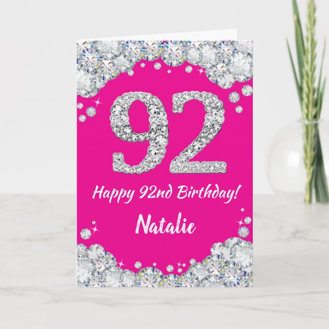 Tarjeta Feliz cumpleaños 92, Purpurina de Plata y Rosa Cal (Anverso)