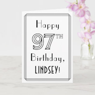 Tarjeta Feliz cumpleaños 97, estilo Art Deco con nombre pe